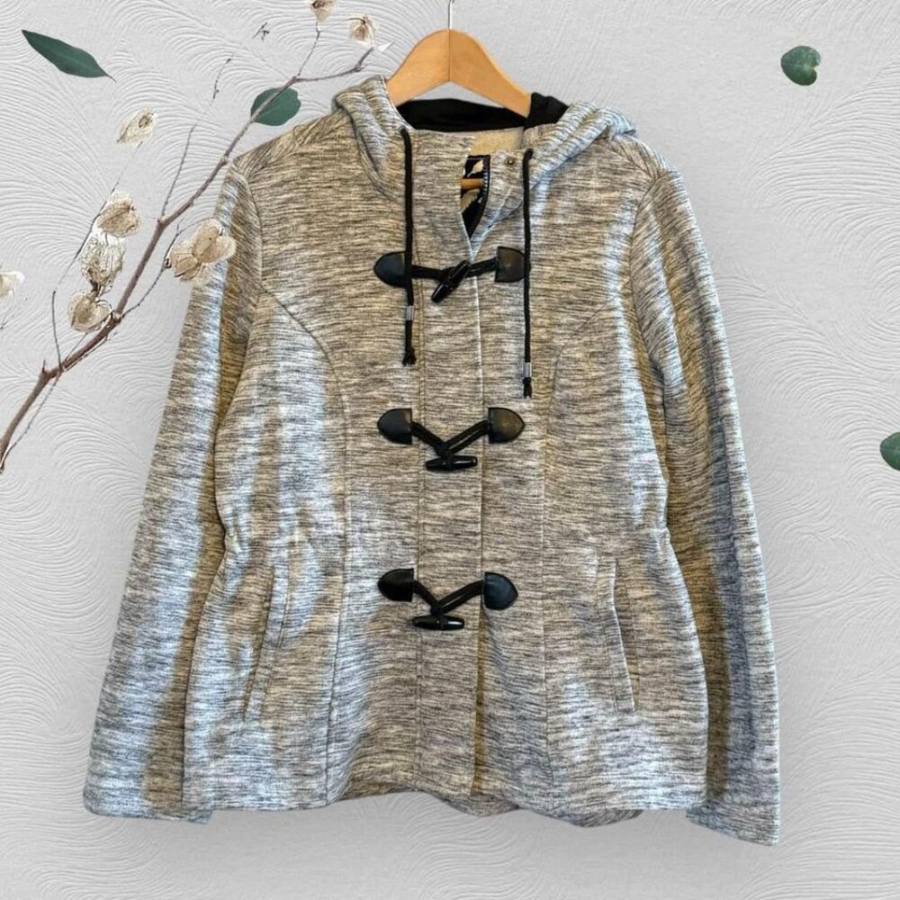 Wmns Hooded Sebby Gray/Black Cinch Waist Toggle Buttons Casual Jacket-Size Large